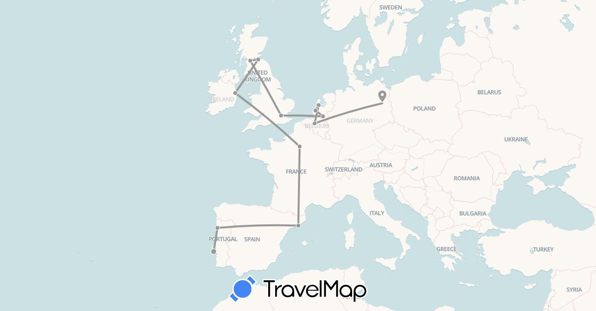 TravelMap itinerary: driving, plane in Belgium, Germany, Spain, France, United Kingdom, Ireland, Netherlands, Portugal (Europe)